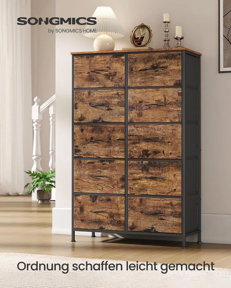 SONGMICS Kommode mit 10 Schubladen, Aufbewahrungsschrank, modern Vintagebraun + Tintenschwarz 30T x