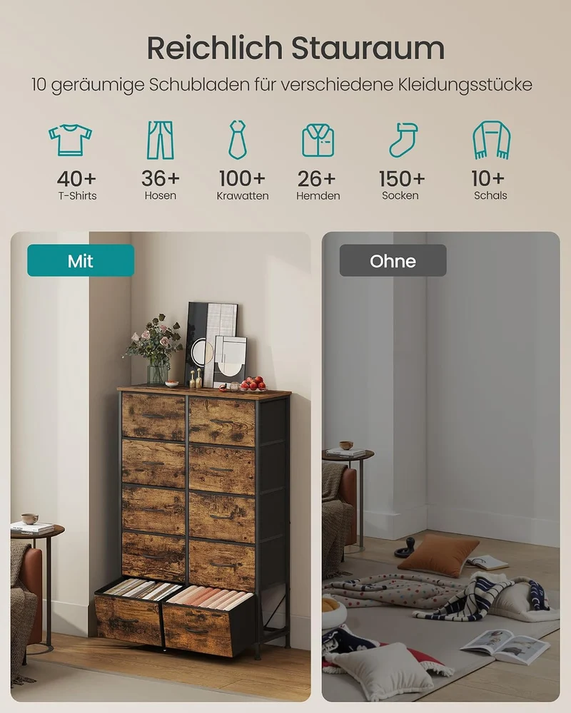 SONGMICS Kommode mit 10 Schubladen, Aufbewahrungsschrank, modern Vintagebraun + Tintenschwarz 30T x