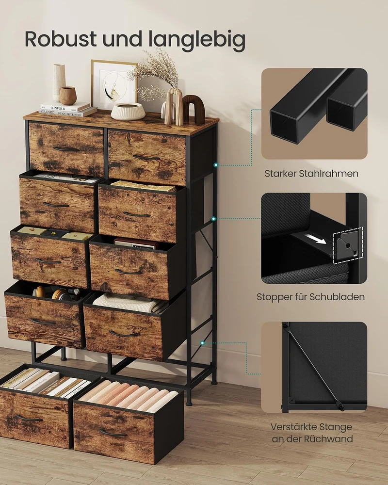 SONGMICS Kommode mit 10 Schubladen, Aufbewahrungsschrank, modern Vintagebraun + Tintenschwarz 30T x