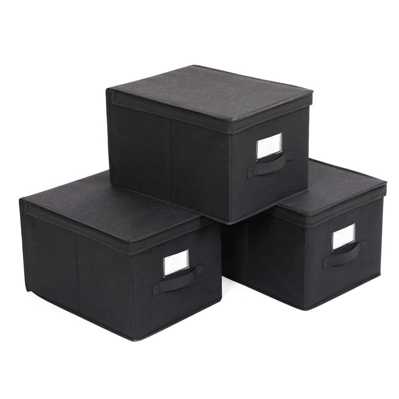 SONGMICS Aufbewahrungsbox, 3er Set, Faltbox mit Deckel, 40 x 30 x 25 cm Schwarz, Schwarz