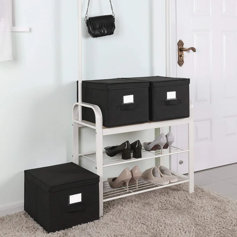SONGMICS Aufbewahrungsbox, 3er Set, Faltbox mit Deckel, 40 x 30 x 25 cm Schwarz, Schwarz
