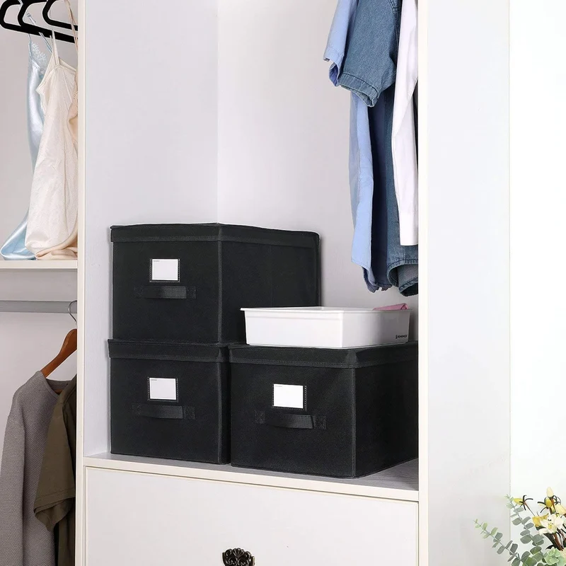 SONGMICS Aufbewahrungsbox, 3er Set, Faltbox mit Deckel, 40 x 30 x 25 cm Schwarz, Schwarz