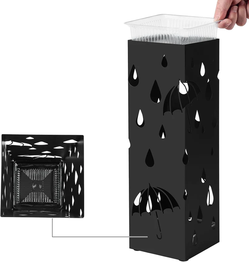 SONGMICS Regenschirmständer aus Metall, mit Haken, 15,5 x 15,5 x 49 cm schwarz, schwarz