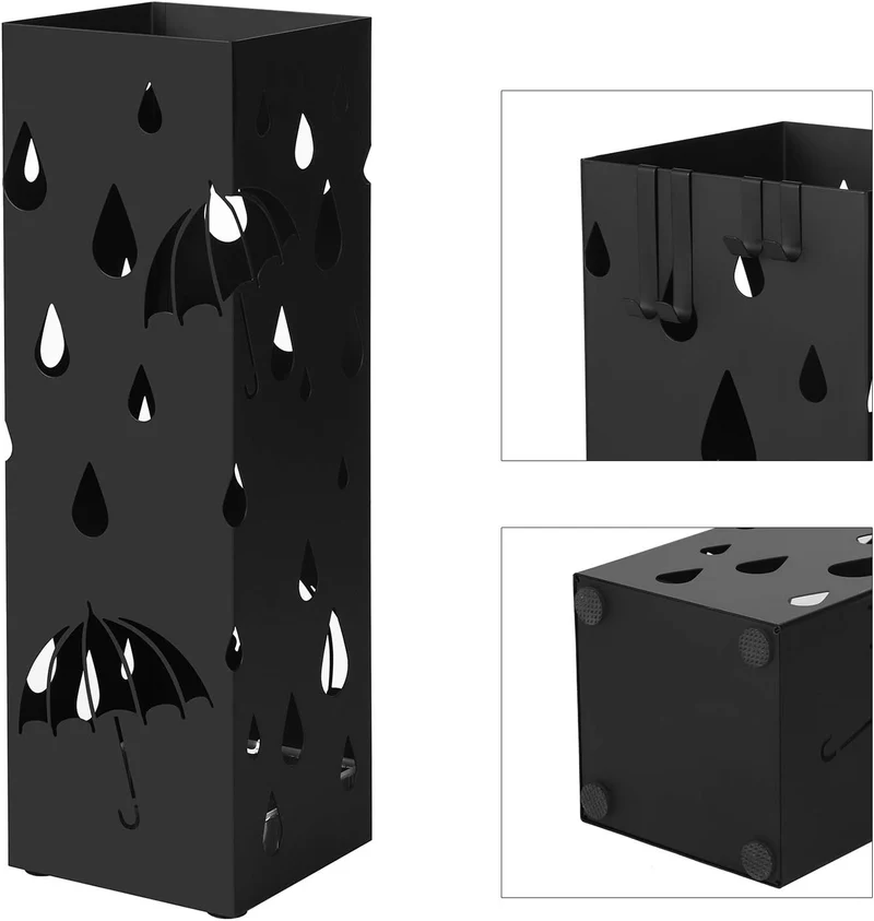 SONGMICS Regenschirmständer aus Metall, mit Haken, 15,5 x 15,5 x 49 cm schwarz, schwarz