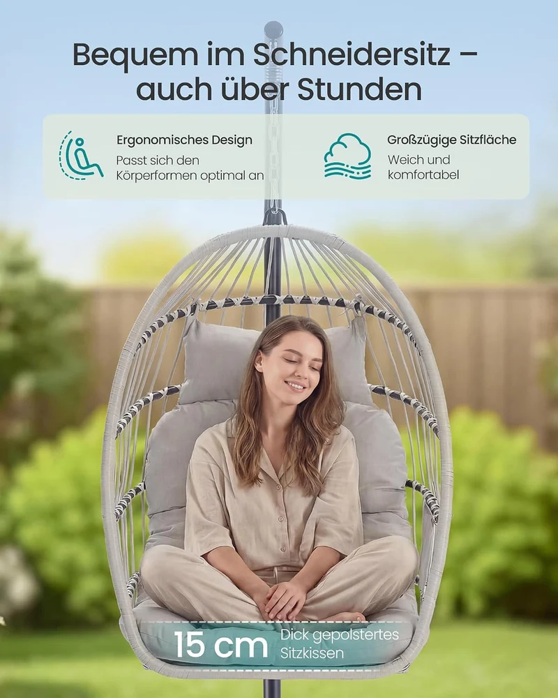 SONGMICS Hängesessel mit Gestell, klappbar, höhenverstellbar, Kissen Weiss, Weiss