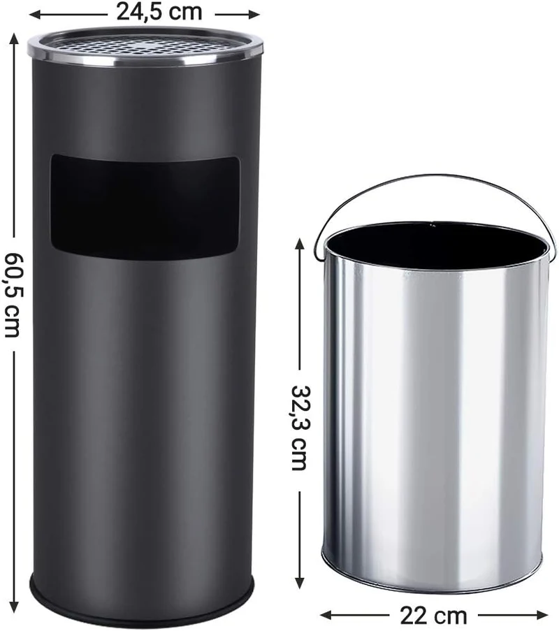 SONGMICS Mülleimer, Standaschenbecher, mit Inneneimer, 30 Liter, aus Stahl Schwarz 1, Schwarz 1