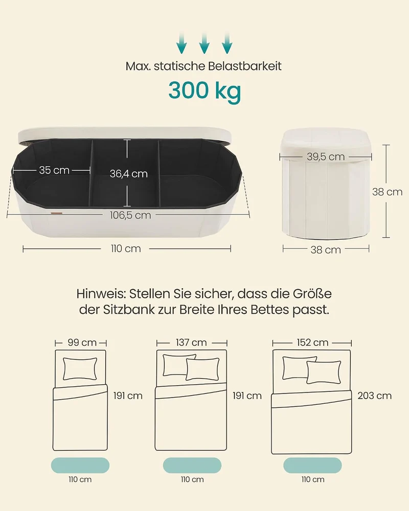 SONGMICS Sitzbank mit Stauraum, Samt, 110 L, 38 x 110 x 38 cm Cremeweiss Samt 110T x 38B x 38H cm, C