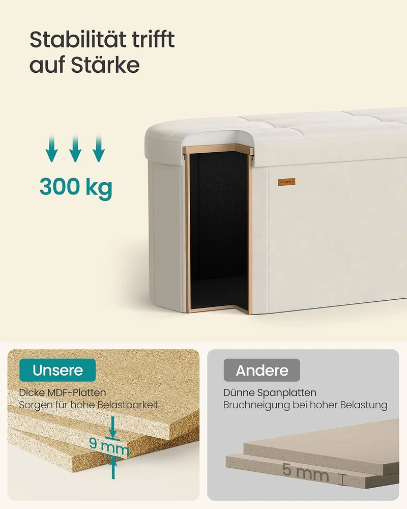 SONGMICS Sitzbank mit Stauraum, Samt, 110 L, 38 x 110 x 38 cm Cremeweiss Samt 110T x 38B x 38H cm, C