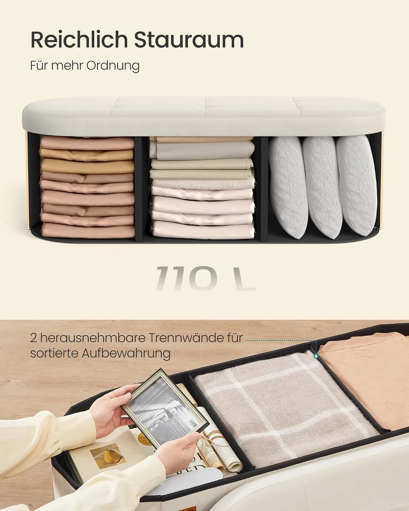 SONGMICS Sitzbank mit Stauraum, Samt, 110 L, 38 x 110 x 38 cm Cremeweiss Samt 110T x 38B x 38H cm, C