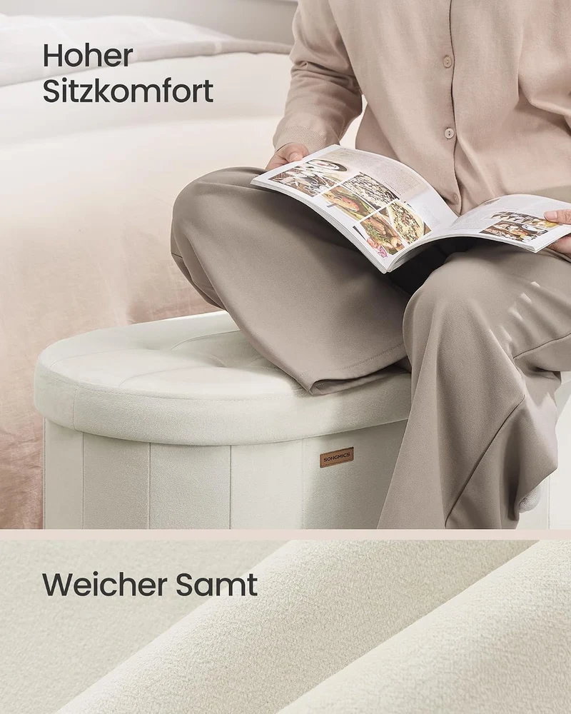 SONGMICS Sitzbank mit Stauraum, Samt, 110 L, 38 x 110 x 38 cm Cremeweiss Samt 110T x 38B x 38H cm, C