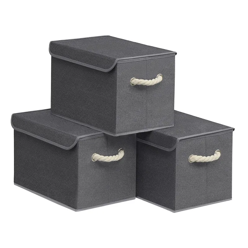 SONGMICS Aufbewahrungsbox mit Deckel, klappbar, 3er Set, 38 x 25 x 25 cm Schiefergrau 38L x 25W x 25