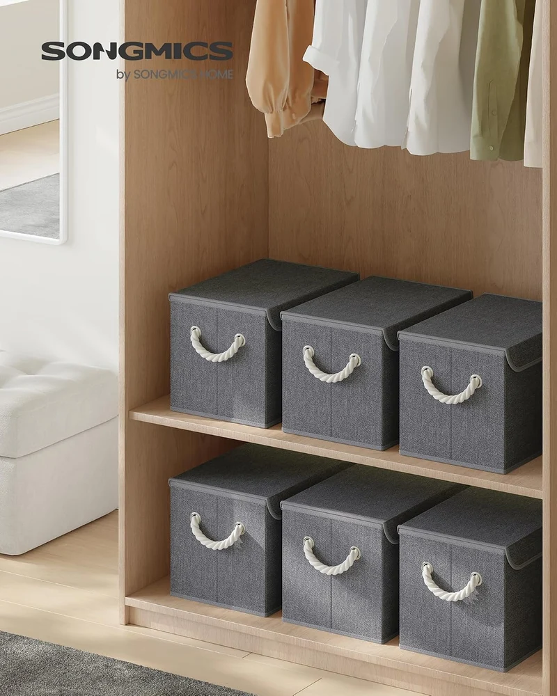 SONGMICS Aufbewahrungsbox mit Deckel, klappbar, 3er Set, 38 x 25 x 25 cm Schiefergrau 38L x 25W x 25