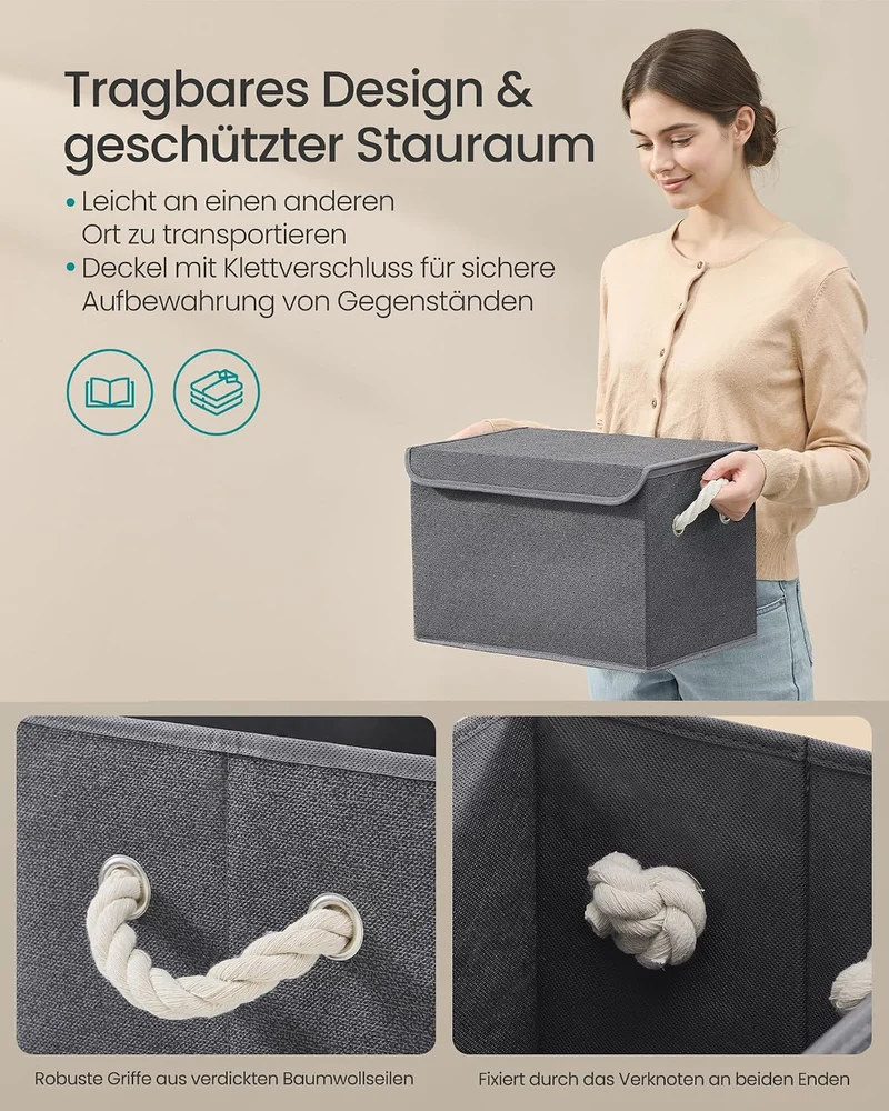 SONGMICS Aufbewahrungsbox mit Deckel, klappbar, 3er Set, 38 x 25 x 25 cm Schiefergrau 38L x 25W x 25