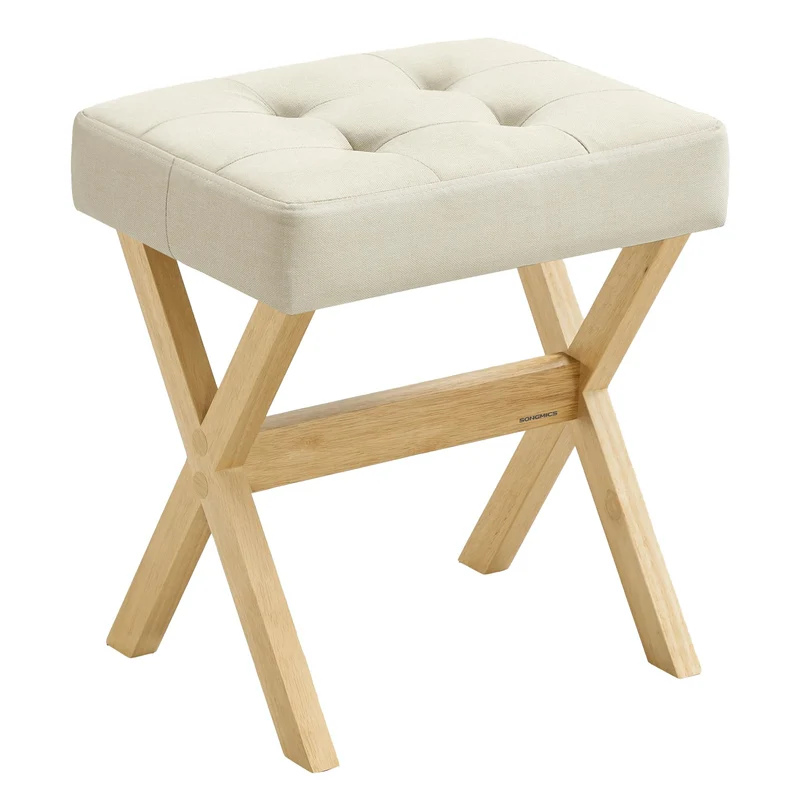 SONGMICS Schminkhocker, gepolstert, Beine aus Holz, 32 x 42 x 46 cm Sandbeige + Naturfarben, Sandbei