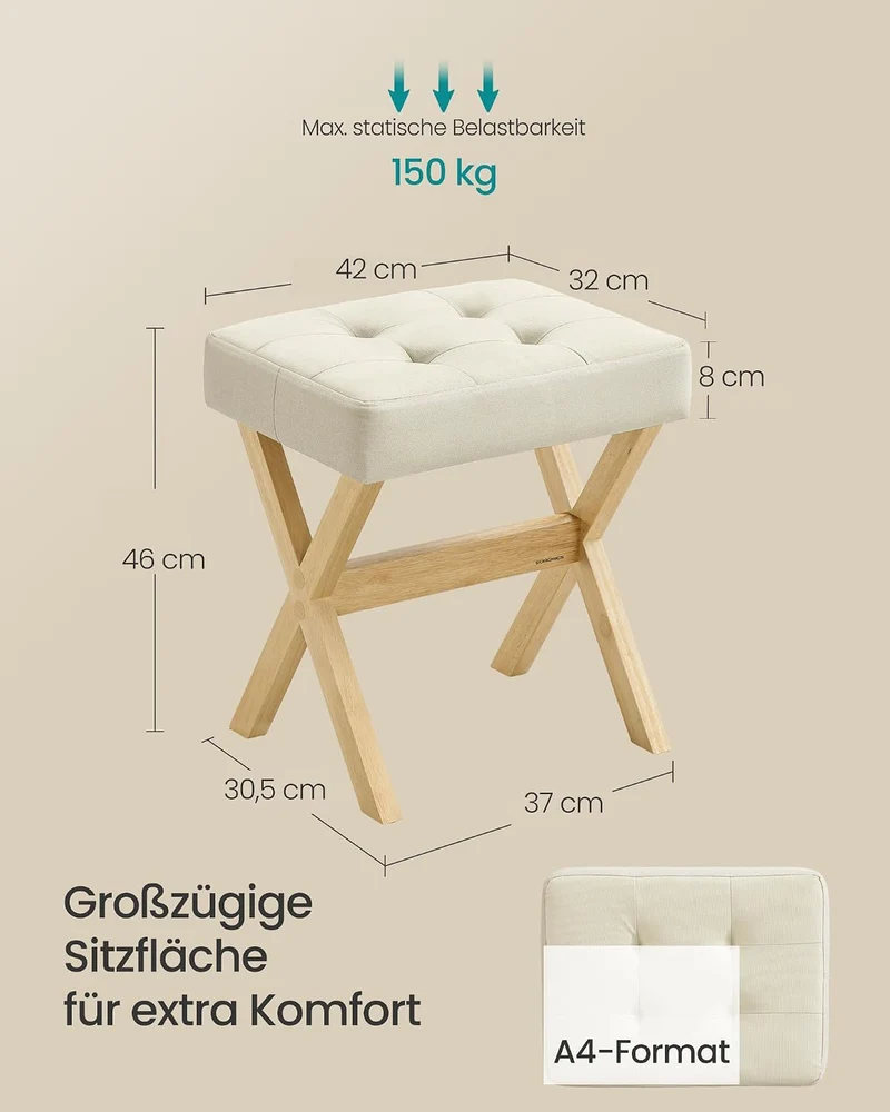 SONGMICS Schminkhocker, gepolstert, Beine aus Holz, 32 x 42 x 46 cm Sandbeige + Naturfarben, Sandbei