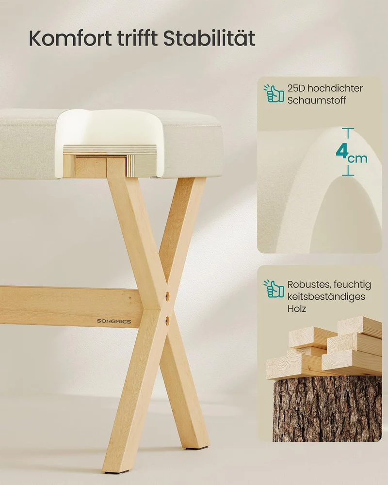 SONGMICS Schminkhocker, gepolstert, Beine aus Holz, 32 x 42 x 46 cm Sandbeige + Naturfarben, Sandbei