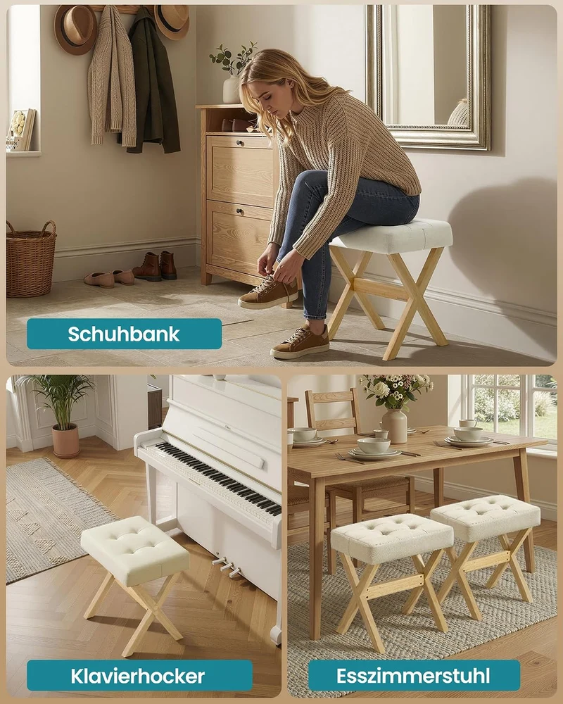 SONGMICS Schminkhocker, gepolstert, Beine aus Holz, 32 x 42 x 46 cm Sandbeige + Naturfarben, Sandbei