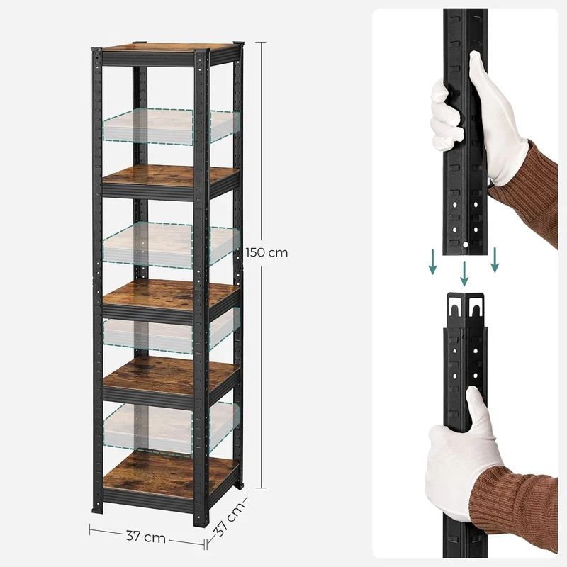 SONGMICS Standregal, verstellbar, 37 x 37 x 150 cm Vintagebraun + Schwarz 1er Set(37 x 37 x 150 cm)