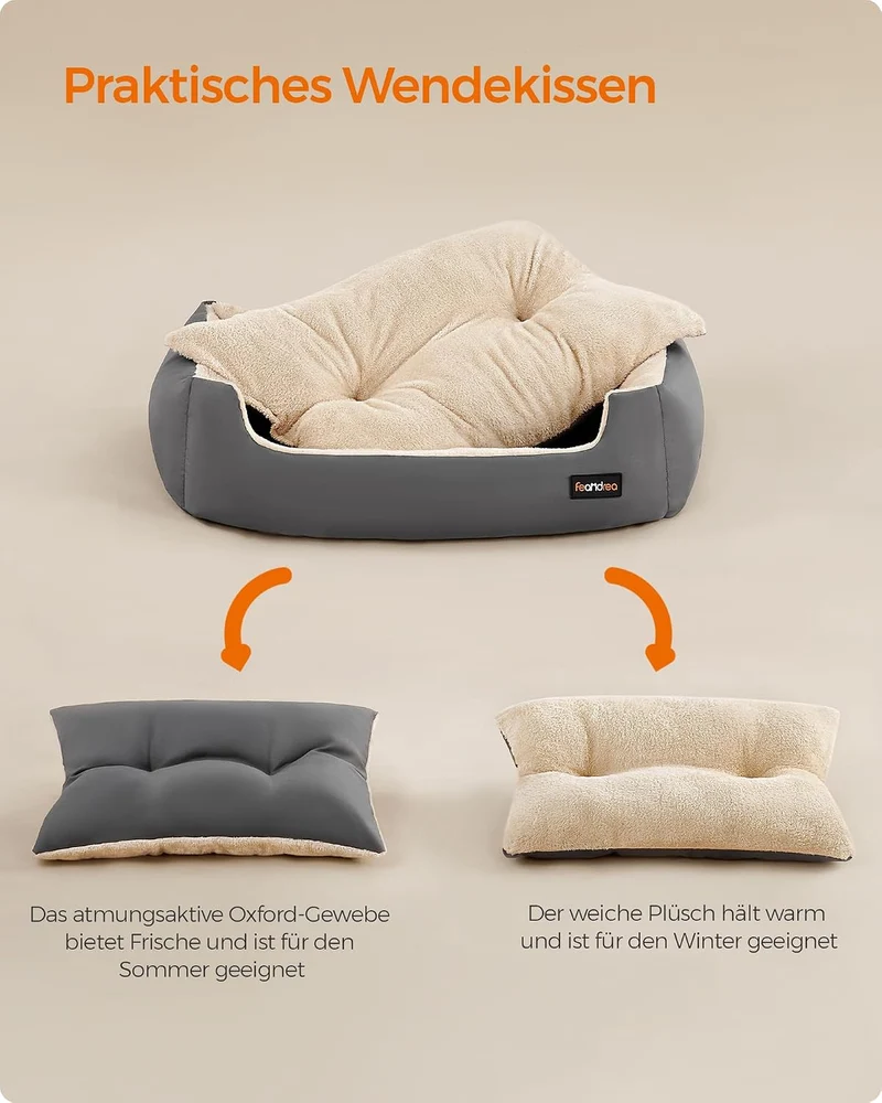 Feandrea Hundebett, Hundekorb mit Wendekissen, 70 x 55 x 21 cm L 70 x B 55 x H 21 cm Grau, L 70 x B