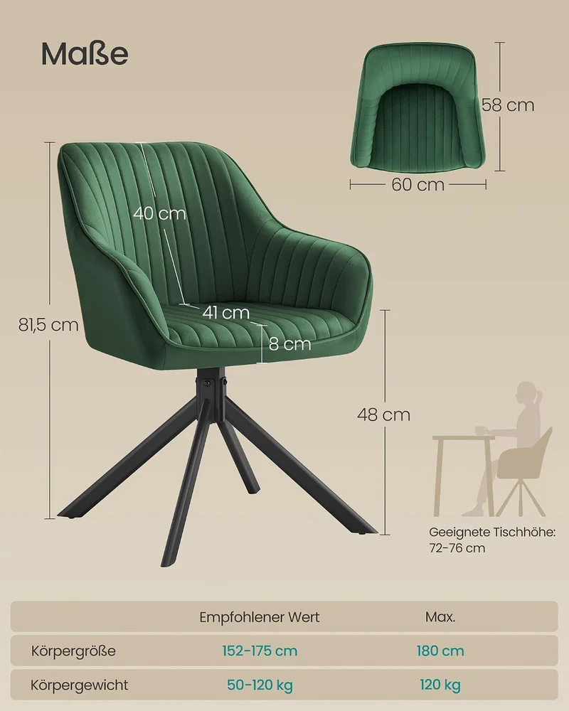 SONGMICS Esszimmerstuhl, Küchenstuhl, Sessel drehbar, Samt, Polsterstuhl mit Armlehnen, bis 120 kg b