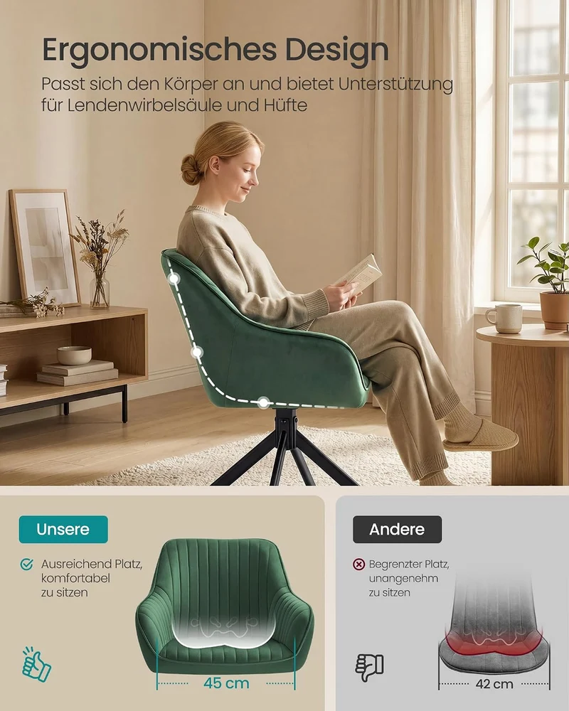 SONGMICS Esszimmerstuhl, Küchenstuhl, Sessel drehbar, Samt, Polsterstuhl mit Armlehnen, bis 120 kg b