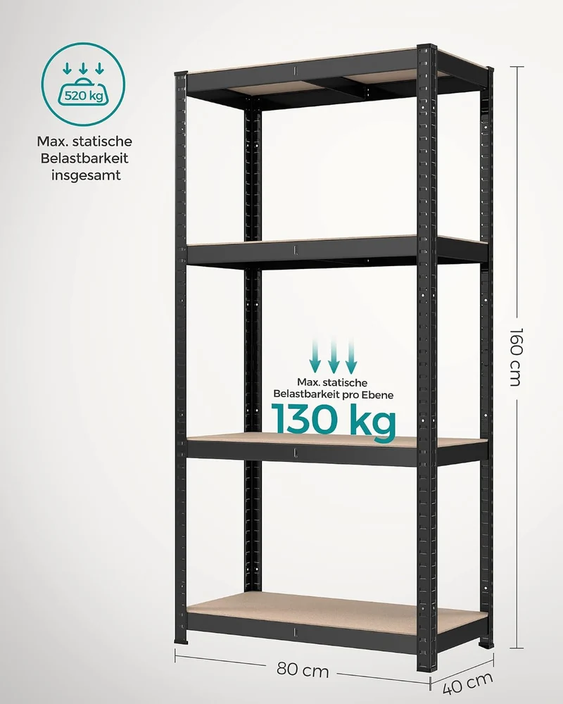 SONGMICS Schwerlastregal, 4 verstellbare Ablagen, 40 x 80 x 160 cm 1 Schwarz, 1 Schwarz