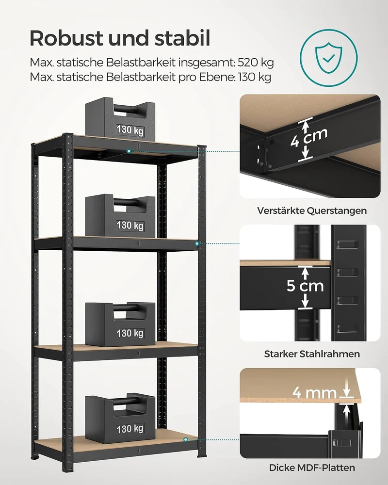 SONGMICS Schwerlastregal, 4 verstellbare Ablagen, 40 x 80 x 160 cm 1 Schwarz, 1 Schwarz