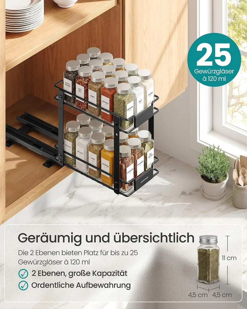 SONGMICS Gewürzregal Ausziehbar, 2 Etagen Schrankauszug aus Stahl 15,2B cm, 15,2B cm