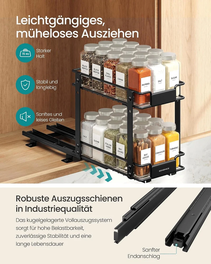 SONGMICS Gewürzregal Ausziehbar, 2 Etagen Schrankauszug aus Stahl 15,2B cm, 15,2B cm