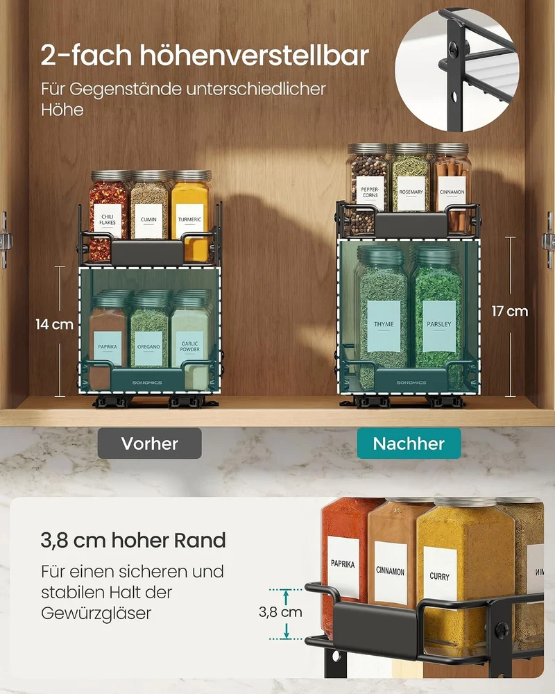 SONGMICS Gewürzregal Ausziehbar, 2 Etagen Schrankauszug aus Stahl 15,2B cm, 15,2B cm