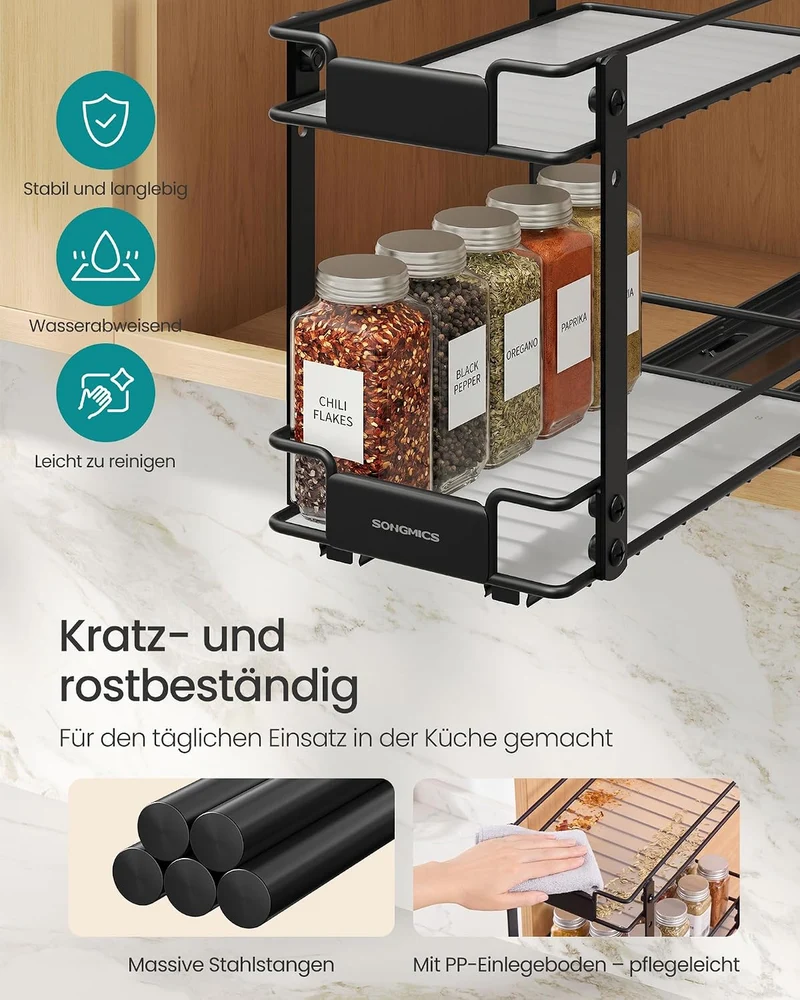 SONGMICS Gewürzregal Ausziehbar, 2 Etagen Schrankauszug aus Stahl 15,2B cm, 15,2B cm