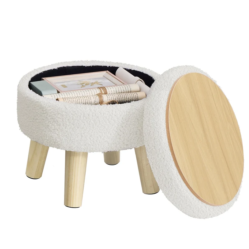 SONGMICS Sitzhocker mit Stauraum, Teddy-Fleece, 31 x 31 x 29 cm Cremeweiss Fleece Rundhocker, Cremew