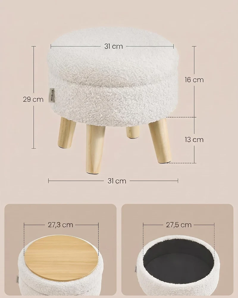 SONGMICS Sitzhocker mit Stauraum, Teddy-Fleece, 31 x 31 x 29 cm Cremeweiss Fleece Rundhocker, Cremew