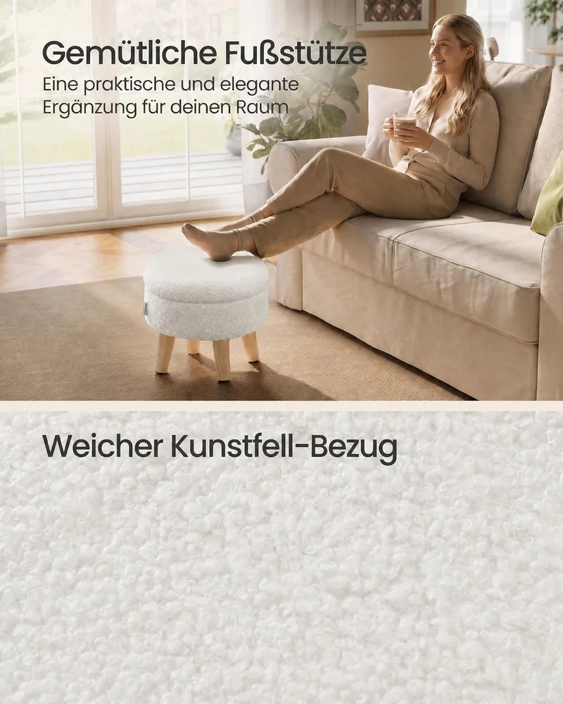SONGMICS Sitzhocker mit Stauraum, Teddy-Fleece, 31 x 31 x 29 cm Cremeweiss Fleece Rundhocker, Cremew
