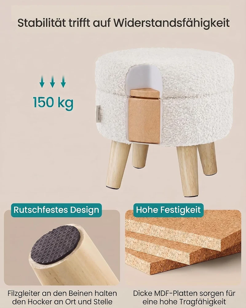 SONGMICS Sitzhocker mit Stauraum, Teddy-Fleece, 31 x 31 x 29 cm Cremeweiss Fleece Rundhocker, Cremew