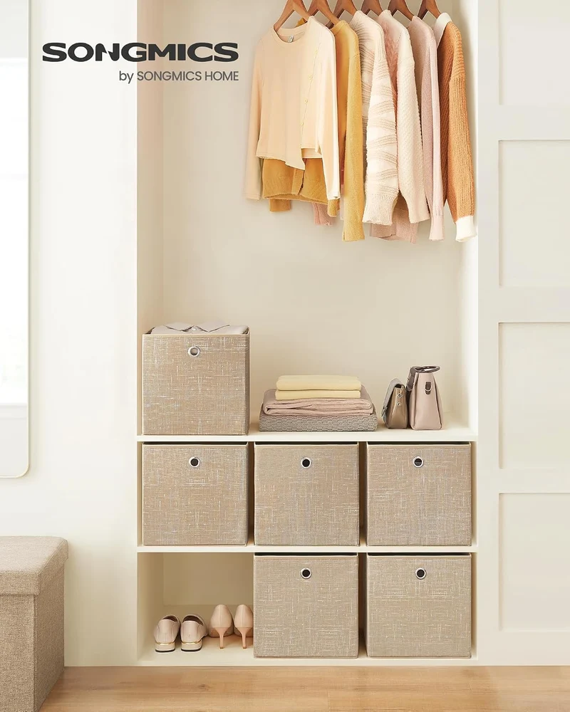 SONGMICS Aufbewahrungsbox, 6er Set, Faltbox, 30 x 30 x 30 cm 30 x 30 x 30 cm Sandbeige, 30 x 30 x 30