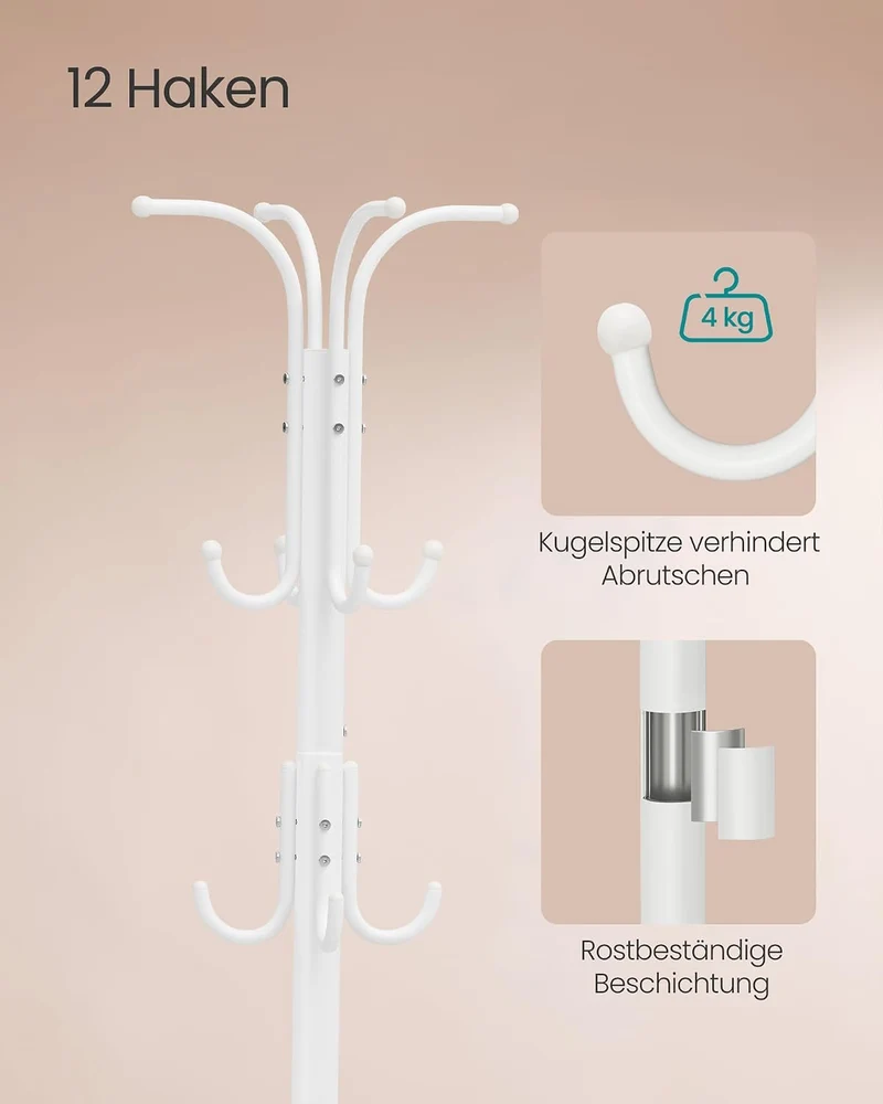 SONGMICS Kleiderständer freistehend, mit Regenschirmständer, 12 Haken Perlweiss, Perlweiss