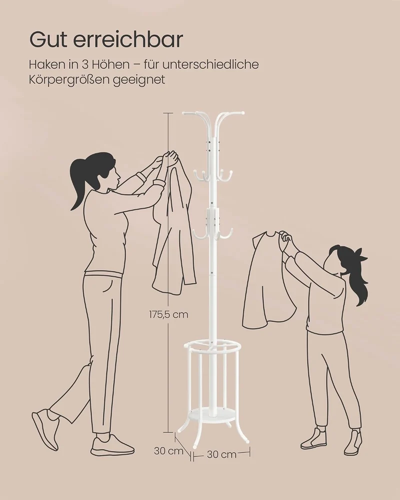 SONGMICS Kleiderständer freistehend, mit Regenschirmständer, 12 Haken Perlweiss, Perlweiss