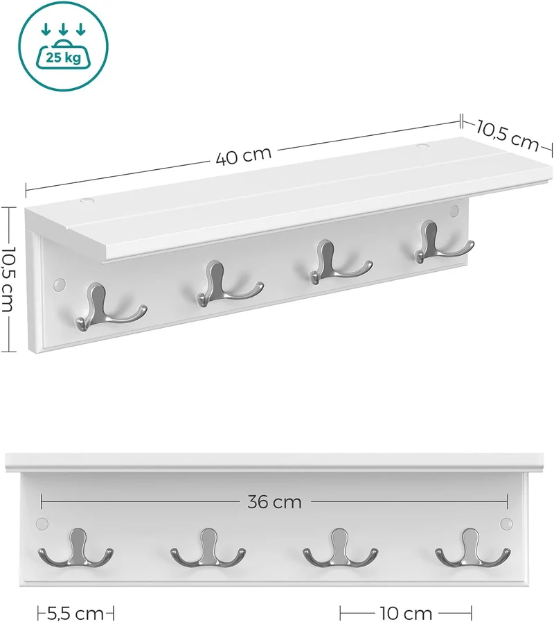 SONGMICS Wandgarderobe mit Ablage, 4 Doppelhaken aus Metall 1 Weiss, 1 Weiss