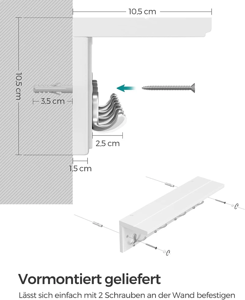 SONGMICS Wandgarderobe mit Ablage, 4 Doppelhaken aus Metall 1 Weiss, 1 Weiss