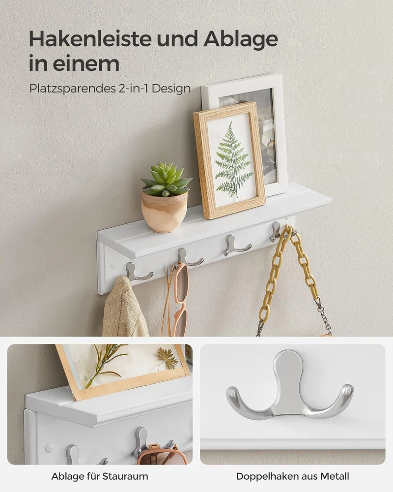 SONGMICS Wandgarderobe mit Ablage, 4 Doppelhaken aus Metall 1 Weiss, 1 Weiss