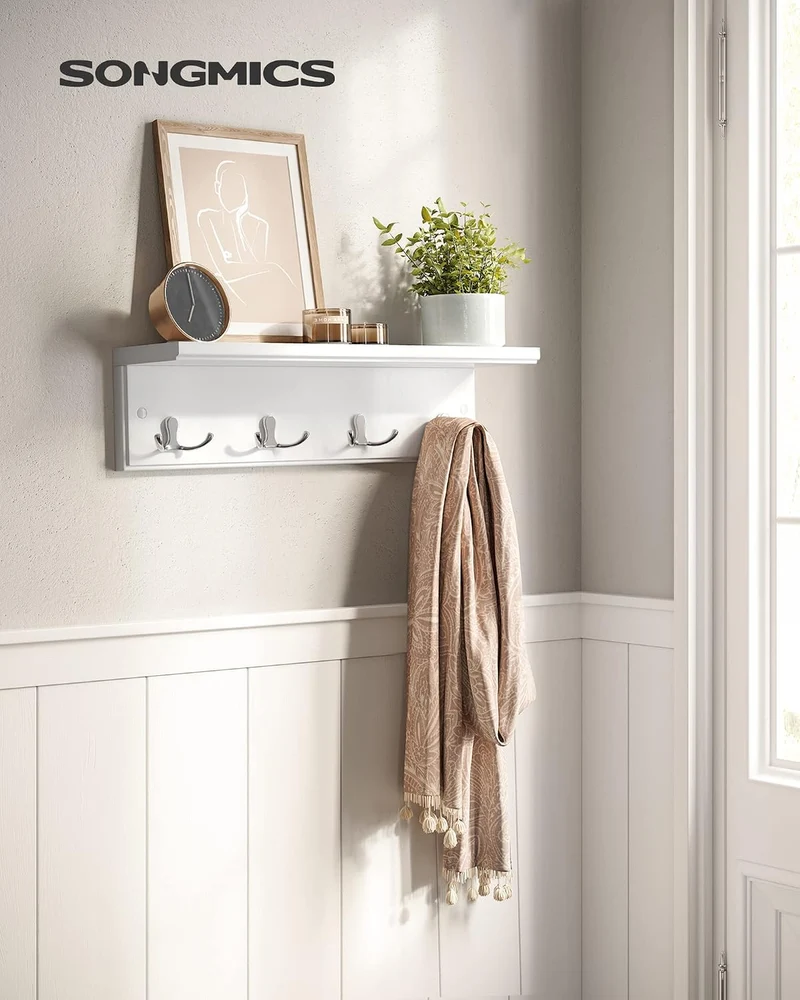 SONGMICS Wandgarderobe mit Ablage, 4 Doppelhaken aus Metall 1 Weiss, 1 Weiss