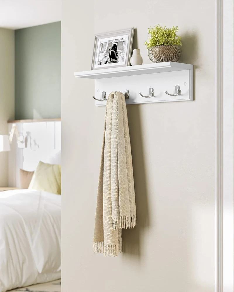 SONGMICS Wandgarderobe mit Ablage, 4 Doppelhaken aus Metall 1 Weiss, 1 Weiss