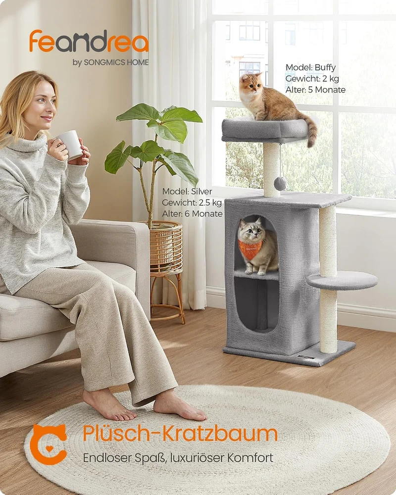 Feandrea Kratzbaum klein, Katzenbaum mit 2 Höhlen, Kratzstämme, für Mehrkatzenhaushalte, Kätzchen, h