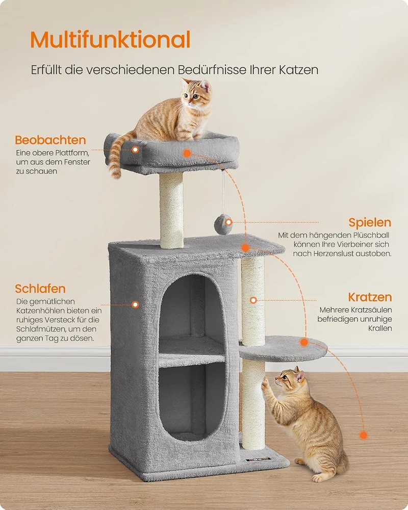 Feandrea Kratzbaum klein, Katzenbaum mit 2 Höhlen, Kratzstämme, für Mehrkatzenhaushalte, Kätzchen, h