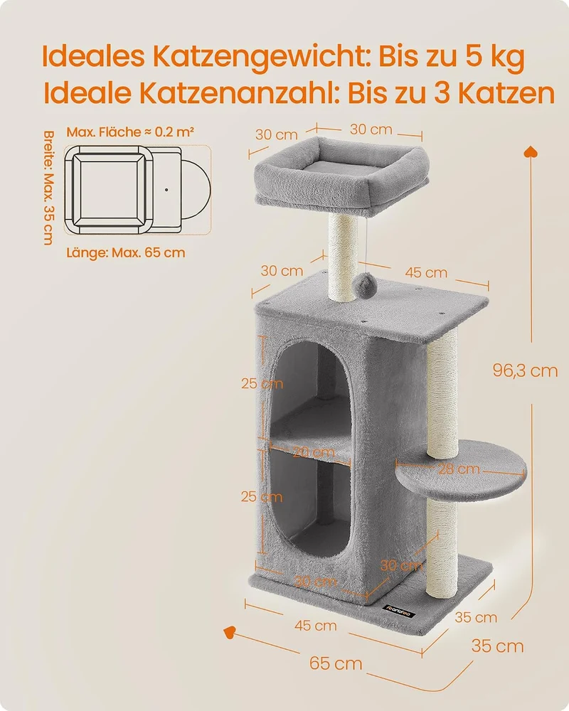 Feandrea Kratzbaum klein, Katzenbaum mit 2 Höhlen, Kratzstämme, für Mehrkatzenhaushalte, Kätzchen, h