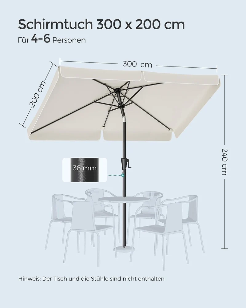SONGMICS Sonnenschirm mit Ständer, Gartenschirm rechteckig, Schirmständer mit Sand befüllbar, Sonnen