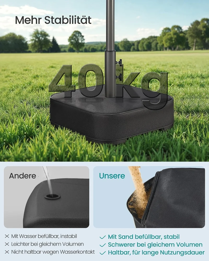 SONGMICS Sonnenschirm mit Ständer, Gartenschirm rechteckig, Schirmständer mit Sand befüllbar, Sonnen