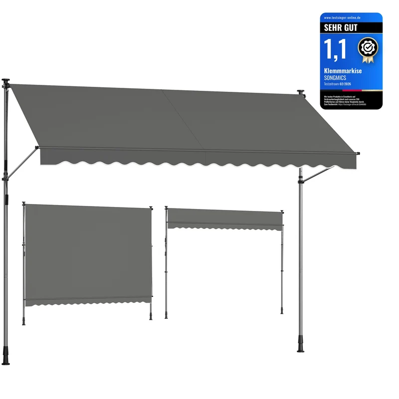 SONGMICS Klemmmarkise, höhenverstellbar, mit Handkurbel, 350 x 120 cm 350W cm Anthrazit, 350W cm Ant