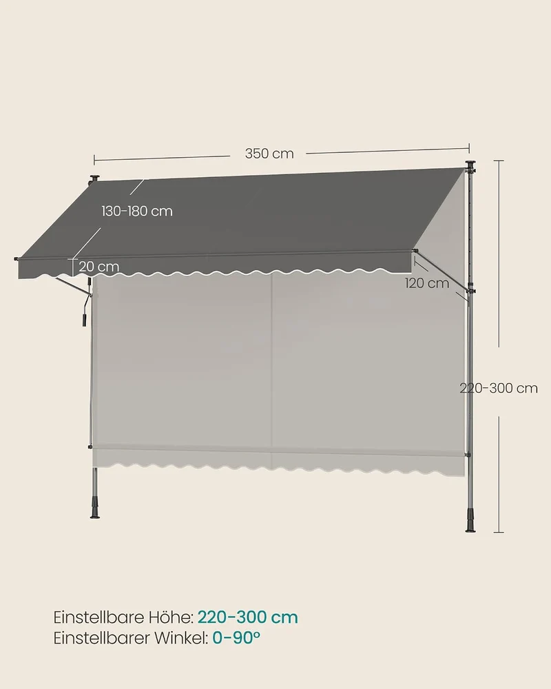 SONGMICS Klemmmarkise, höhenverstellbar, mit Handkurbel, 350 x 120 cm 350W cm Anthrazit, 350W cm Ant